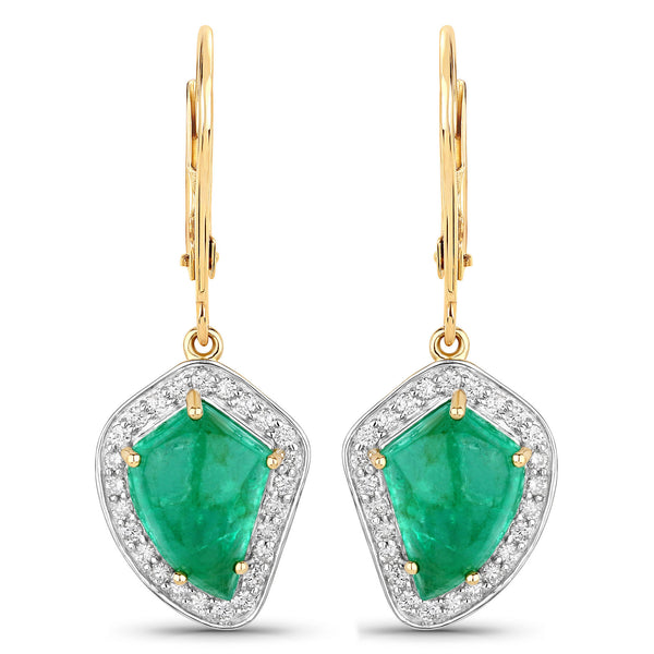 6.40 Carat Genuine Colombian Emerald and White Diamond 14K Yellow Gold Earrings