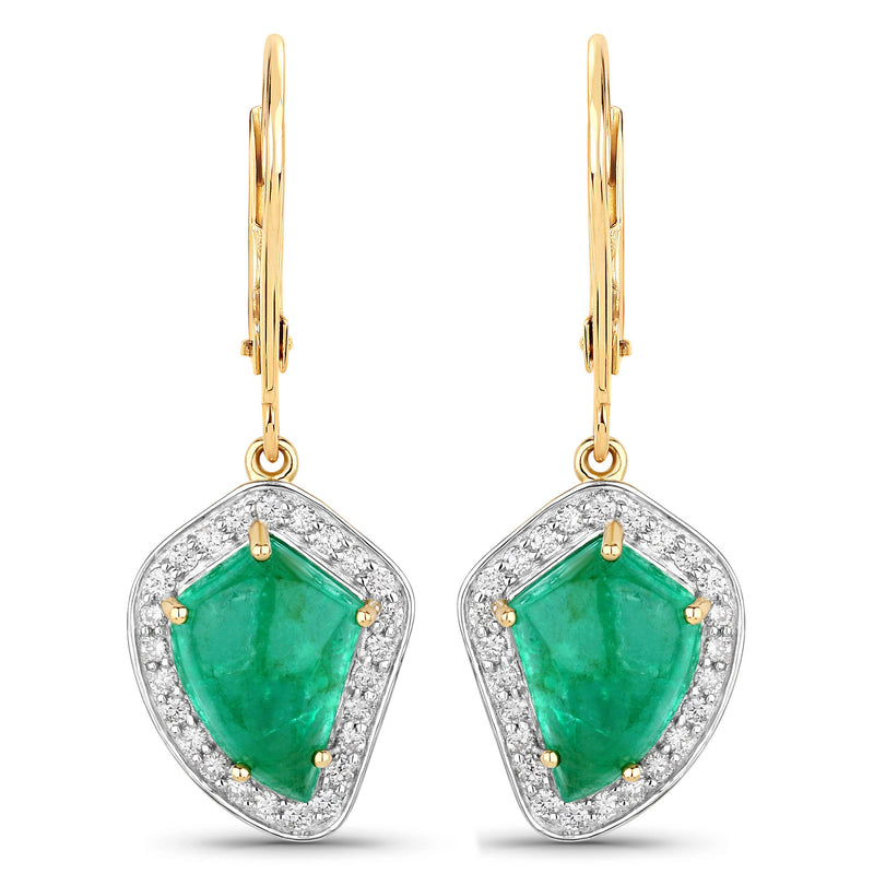 6.40 Carat Genuine Colombian Emerald and White Diamond 14K Yellow Gold Earrings