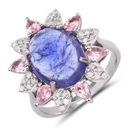 5.18 Carat Genuine Pink Tourmaline, Tanzanite and White Diamond .925 Sterling Silver Ring