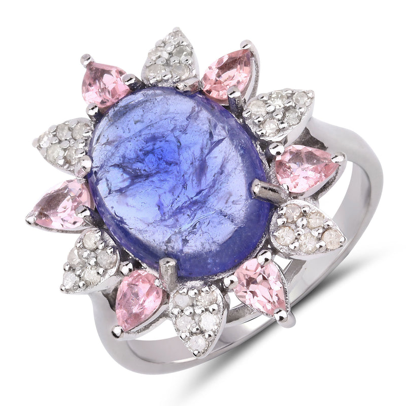 5.18 Carat Genuine Pink Tourmaline, Tanzanite and White Diamond .925 Sterling Silver Ring