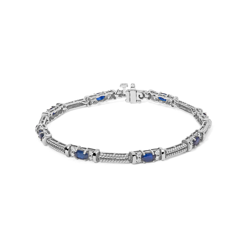 14K White Gold 1/2 Cttw Diamond & Oval Blue Sapphire Braided Link Bracelet (G-H Color, VS1-VS2 Clarity) - 7" Inches