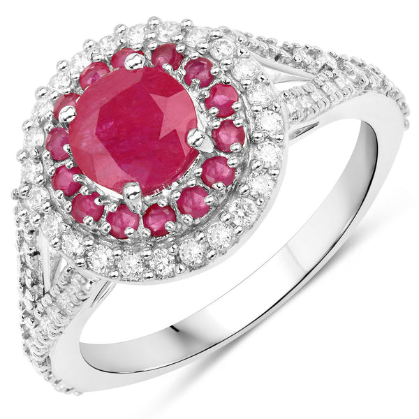 1.95 Carat Genuine Ruby and White Diamond 14K White Gold Ring