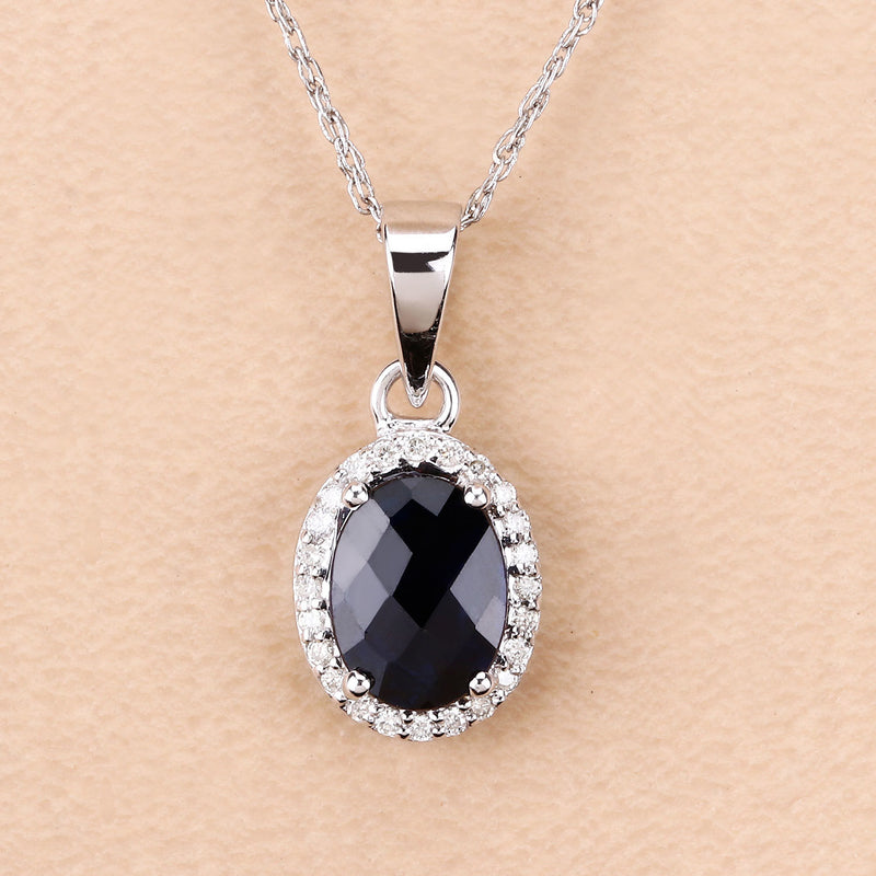 1.66 Carat Genuine Blue Sapphire and White Diamond 14K White Gold Pendant