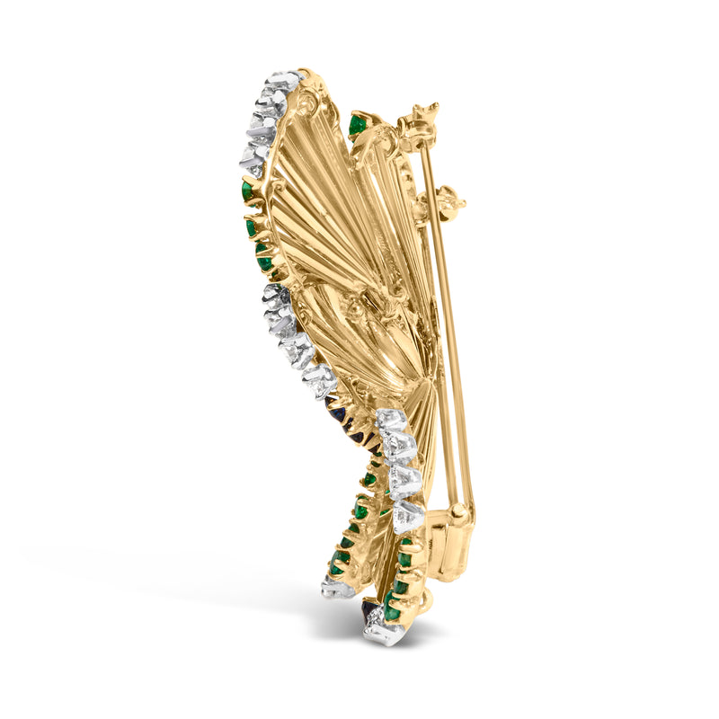 18K Yellow Gold 2 1/3 Cttw Diamond, Sapphire, and Emerald Sculpted Petal Brooch Pin (G-H Color, VS1-VS2 Clarity)