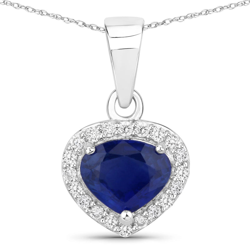 1.09 Carat Genuine Blue Sapphire and White Diamond 14K White Gold Pendant