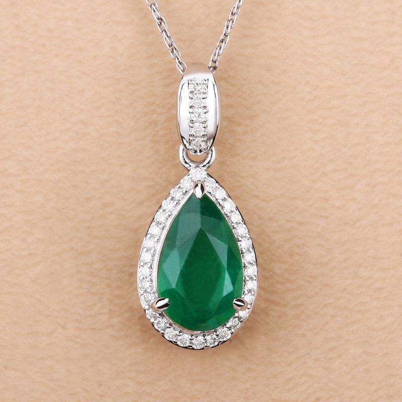 IGI Certified 2.51 Carat Genuine Zambian Emerald and White Diamond 14K White Gold Pendant