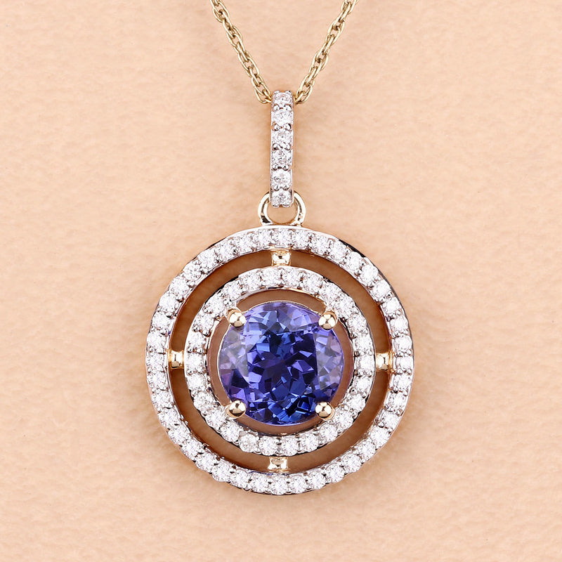 2.41 Carat Genuine Tanzanite and White Diamond 14K Yellow Gold Pendant