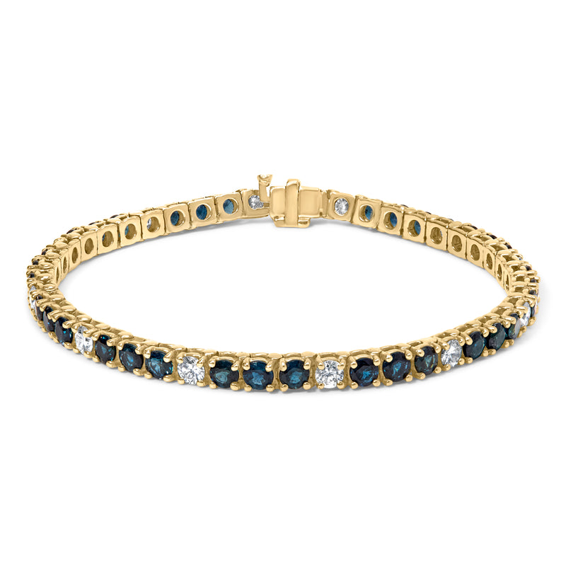 18K Yellow Gold Alternating 1 1/5 Cttw Diamond and 3X3 MM Blue Sapphire Tennis Bracelet (G-H Color, VS1-VS2 Clarity) - 7" Inches