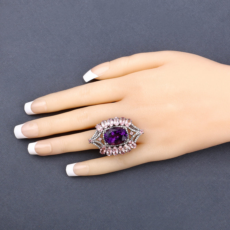 15.68 Carat Genuine Pink Tourmaline, Amethyst and White Diamond .925 Sterling Silver Ring