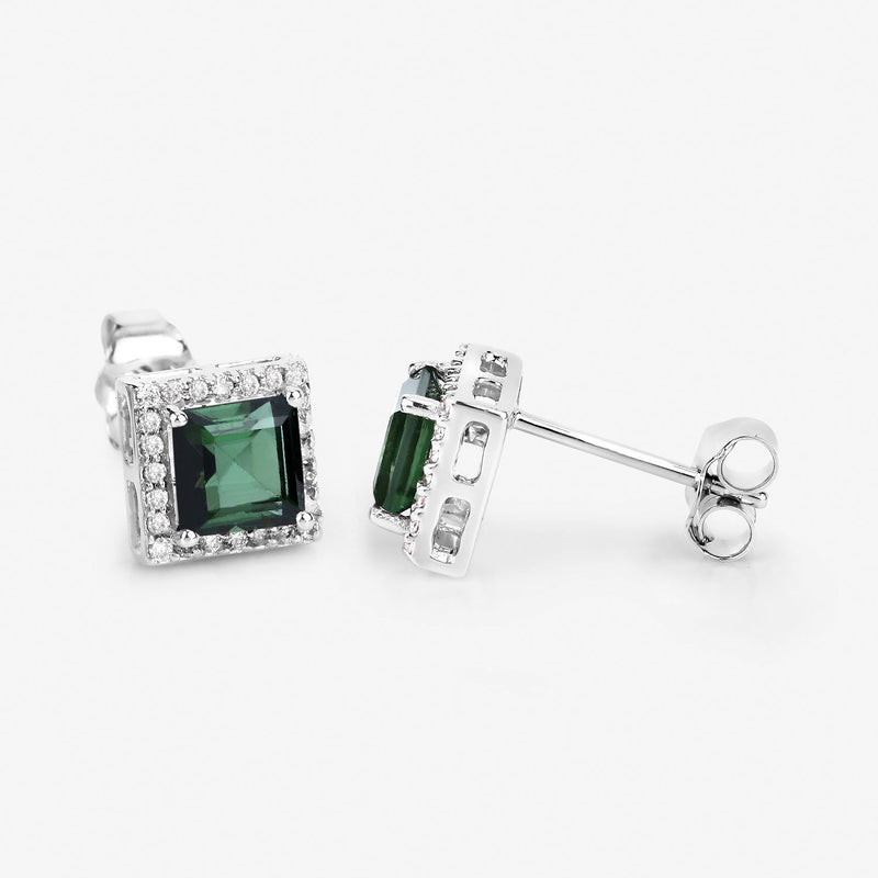 1.55 Carat Genuine Green Tourmaline and White Diamond 14K White Gold Earrings