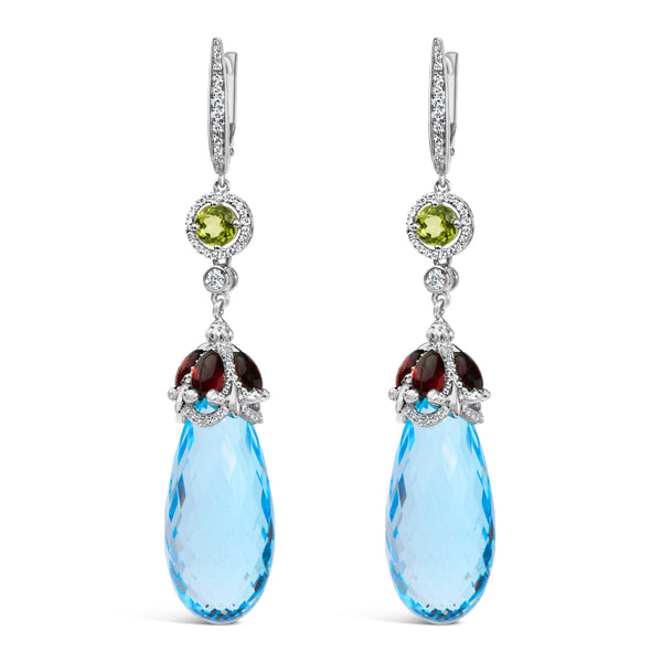 18K White Gold 1/2 Cttw Diamond and 22mm Blue Topaz and Garnet Drop and Dangle Earrings (F-G Color, VS1-VS2 Clarity)