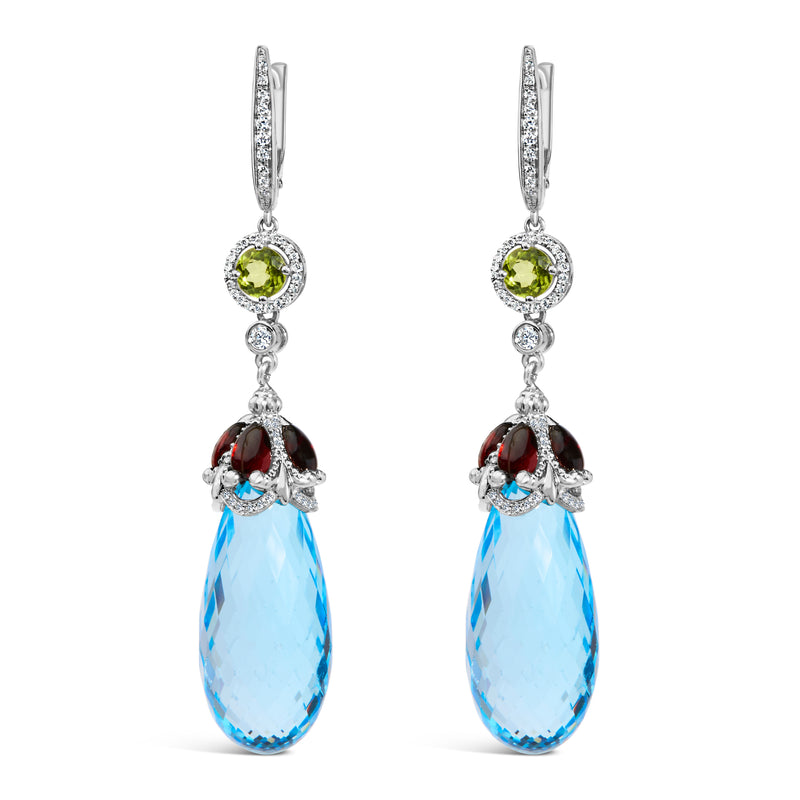 18K White Gold 1/2 Cttw Diamond and 22mm Blue Topaz and Garnet Drop and Dangle Earrings (F-G Color, VS1-VS2 Clarity)