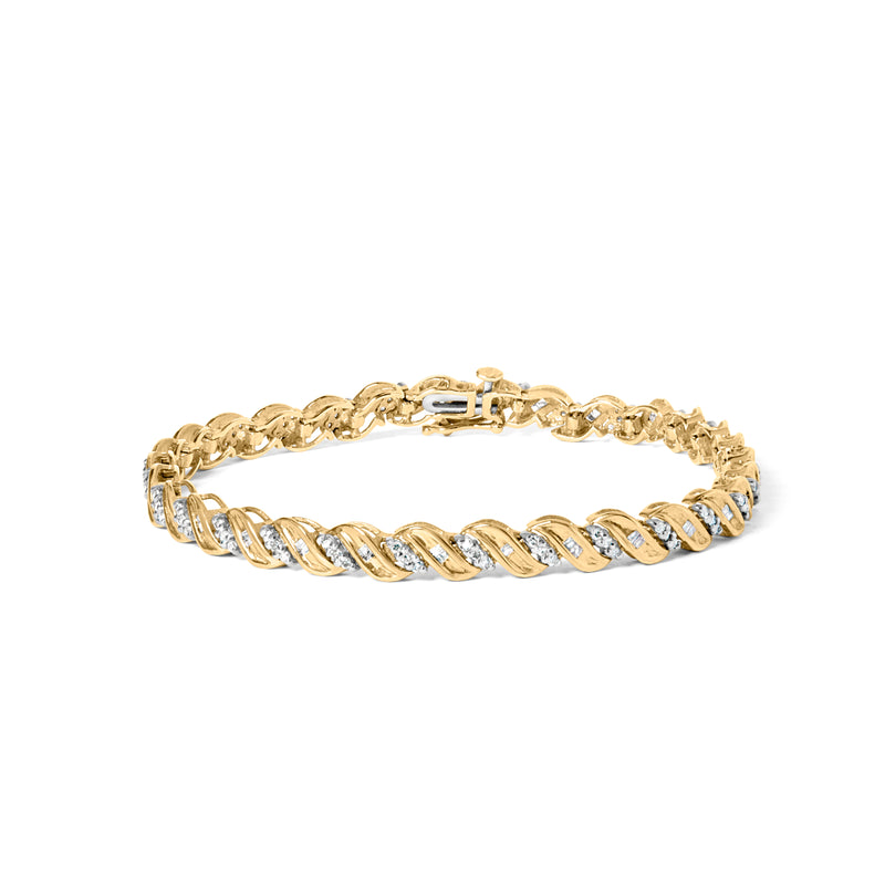 10k Yellow Gold 1.00 Cttw Round-Cut and Baguette-Cut S-Link 7.25" Bracelet (I-J Color, I2-I3 Clarity)