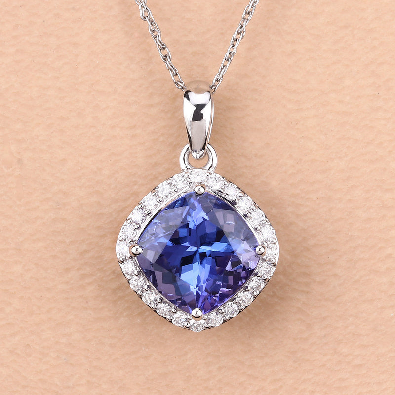 3.31 Carat Genuine Tanzanite and White Diamond 14K White Gold Pendant