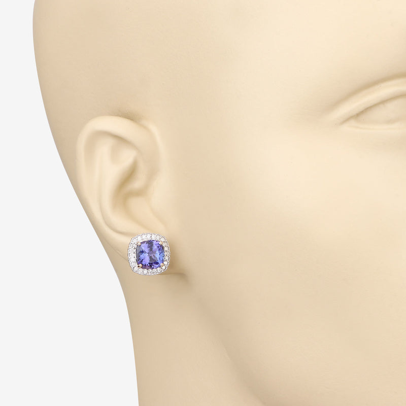 5.98 Carat Genuine Tanzanite and White Diamond 14K Yellow Gold Earrings