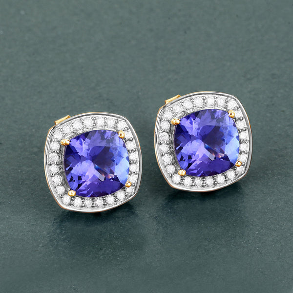 5.98 Carat Genuine Tanzanite and White Diamond 14K Yellow Gold Earrings