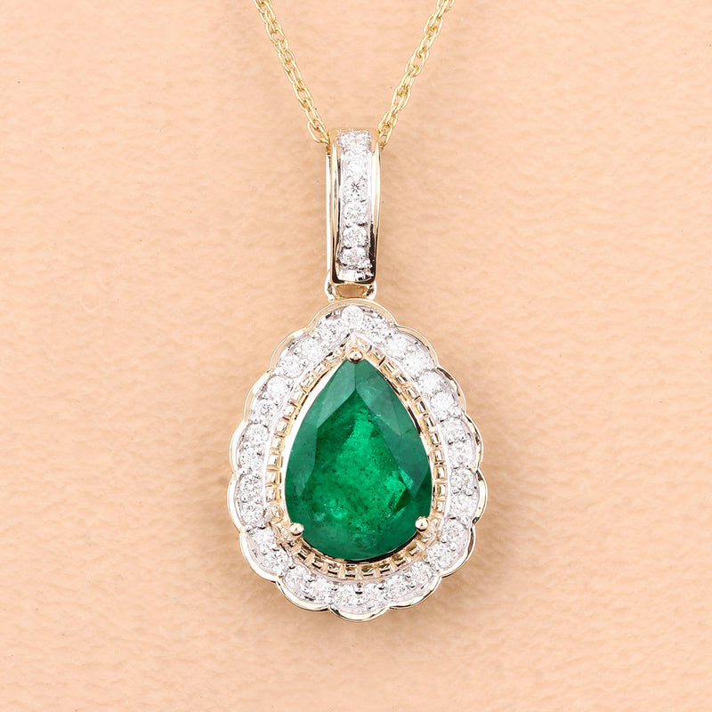 IGI Certified 2.42 Carat Genuine Zambian Emerald and White Diamond 14K Yellow Gold Pendant