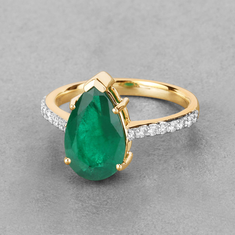 IGI Certified 3.15 Carat Genuine Zambian Emerald and White Diamond 14K Yellow Gold Ring