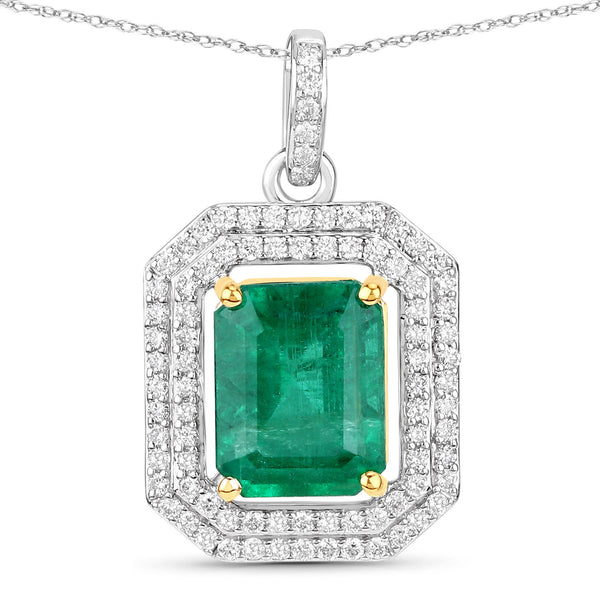 IGI Certified 3.51 Carat Genuine Zambian Emerald and White Diamond 14K Yellow & White Gold Pendant