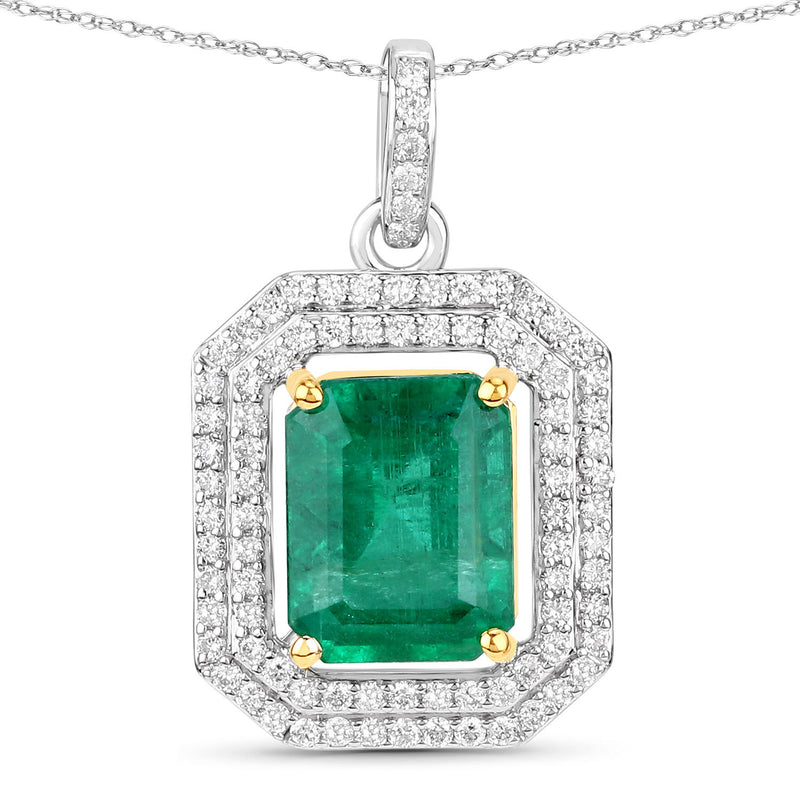 IGI Certified 3.51 Carat Genuine Zambian Emerald and White Diamond 14K Yellow & White Gold Pendant