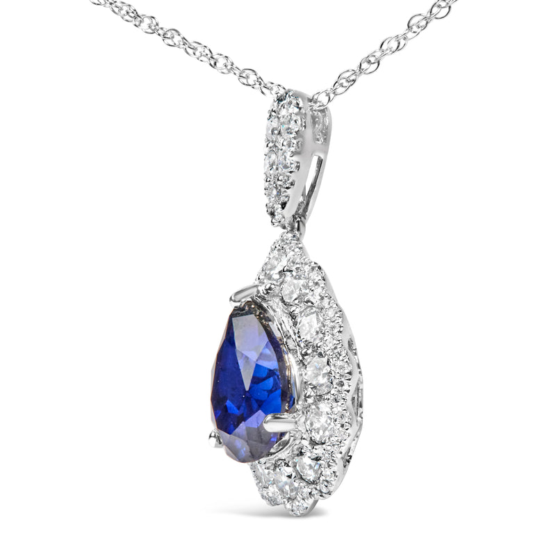 18K White Gold Recrystallized 9x7 MM Pear Shaped Blue Sapphire and 2 4/5 Cttw Diamond Halo and Bail 18" Inch Pendant Necklace (G-H Color, SI1-SI2 Clarity)