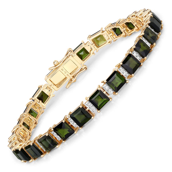 17.75 Carat Genuine Green Tourmaline and White Diamond 14K Yellow Gold Bracelet