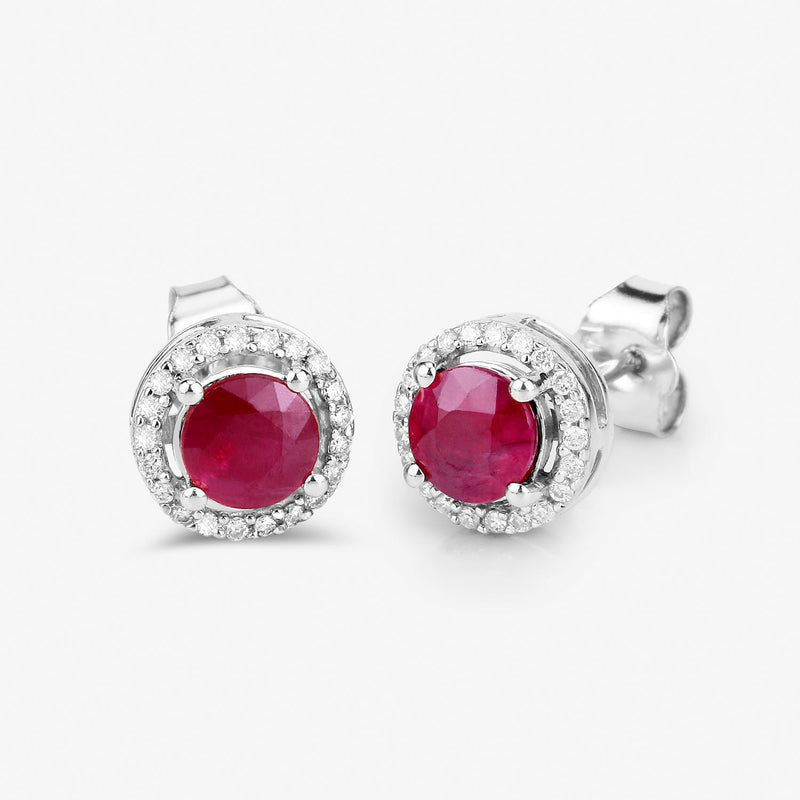 1.50 Carat Genuine Ruby and White Diamond 14K White Gold Earrings