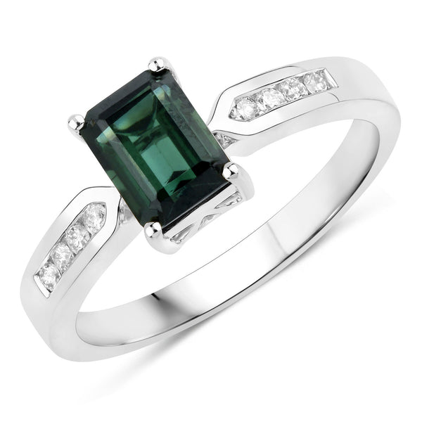 1.19 Carat Genuine Green Tourmaline and White Diamond 14K White Gold Ring