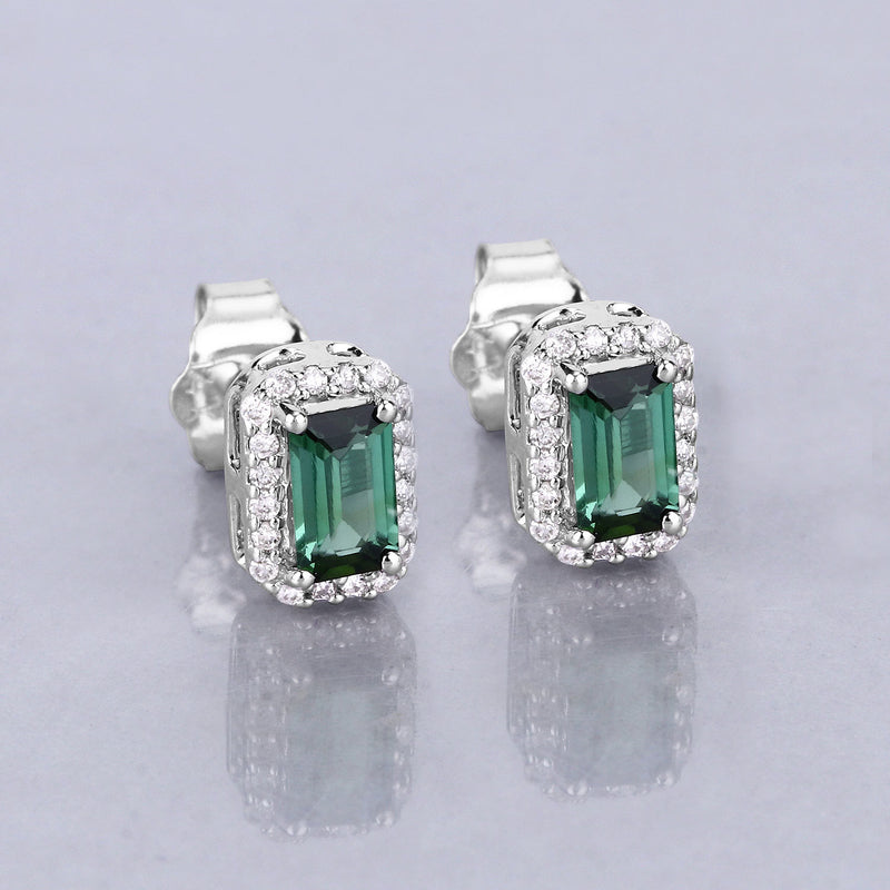 0.76 Carat Genuine Green Tourmaline and White Diamond 14K White Gold Earrings