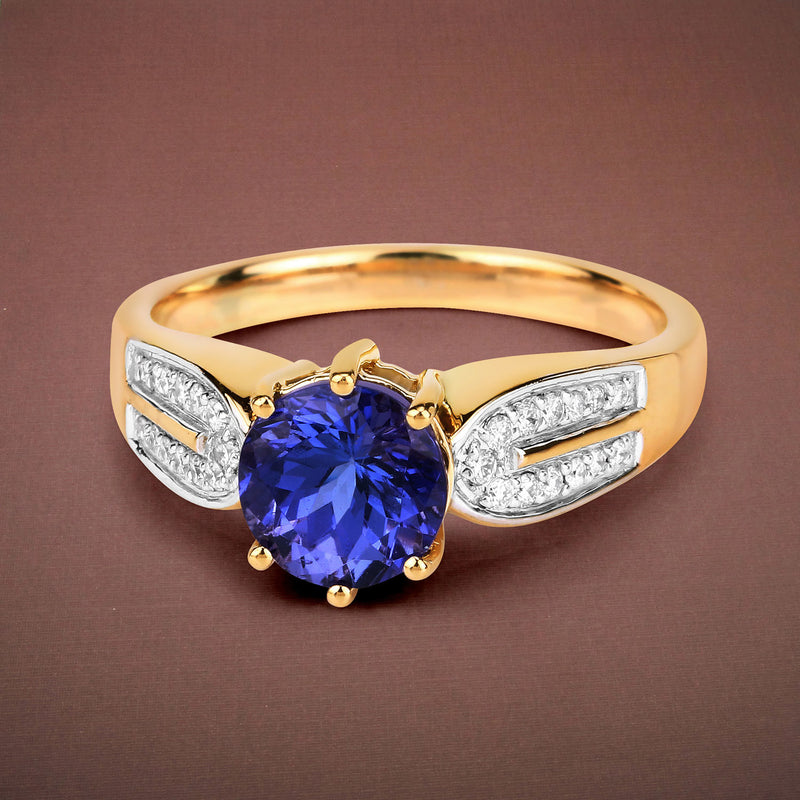 1.86 Carat Genuine Tanzanite and White Diamond 14K Yellow Gold Ring