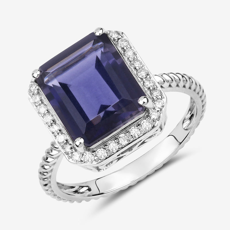 3.65 Carat Genuine Iolite and White Diamond 14K White Gold Ring