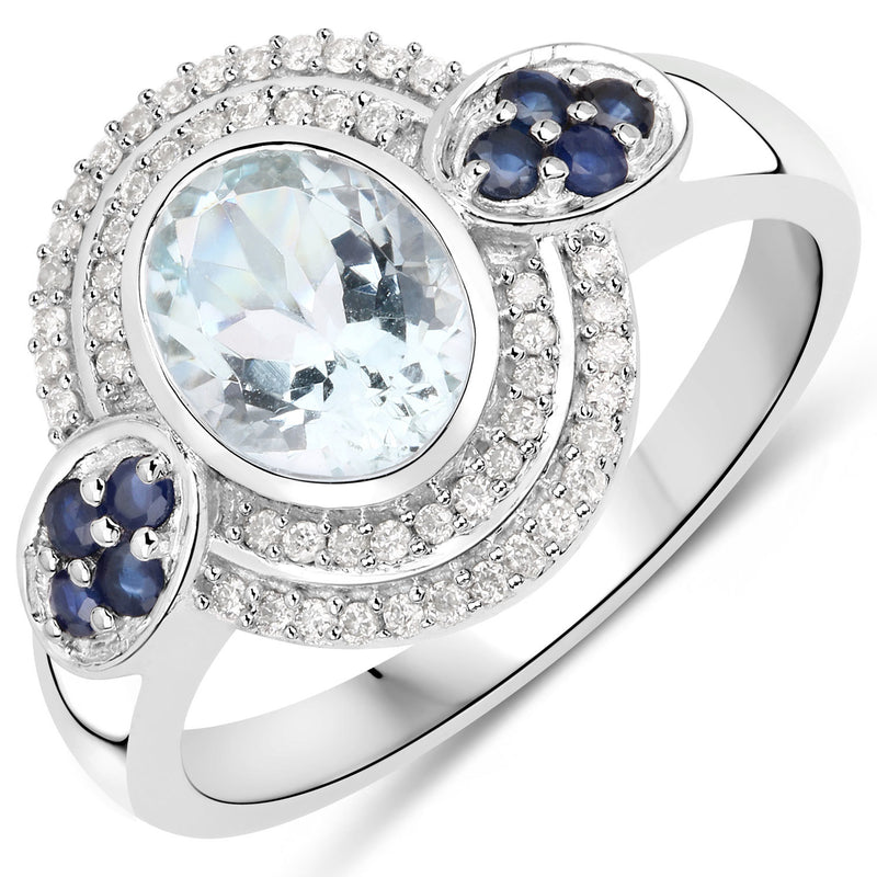 1.44 Carat Genuine Aquamarine, Blue Sapphire and White Diamond 14K White Gold Ring