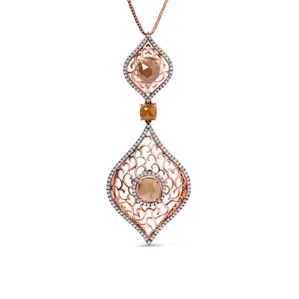 14K Rose Gold 4 5/8 Cttw Rose Cut Diamond and White Diamond Double Floral Rhombus 18" Inch Pendant Necklace (Brown/I-J Color, I1-I2 Clarity)