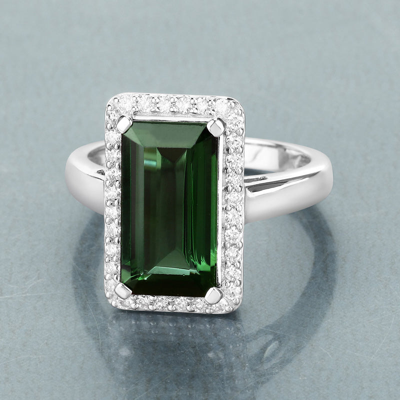 4.62 Carat Genuine Green Tourmaline and White Diamond 14K White Gold Ring