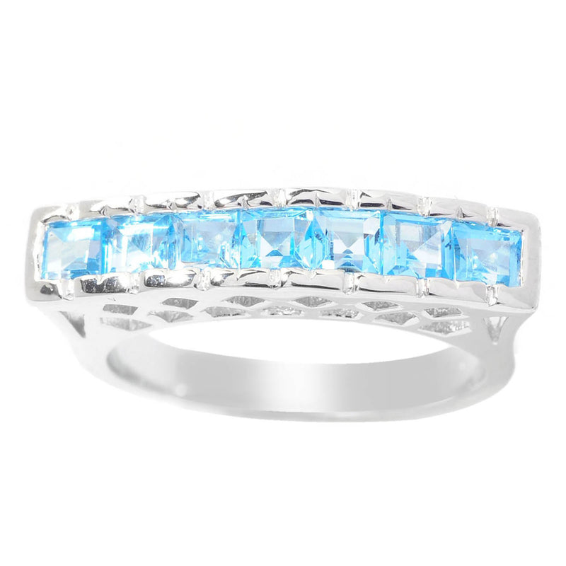 Sterling Silver with Natural Swiss Blue Topaz Flat Top Seven Stone Band Ring