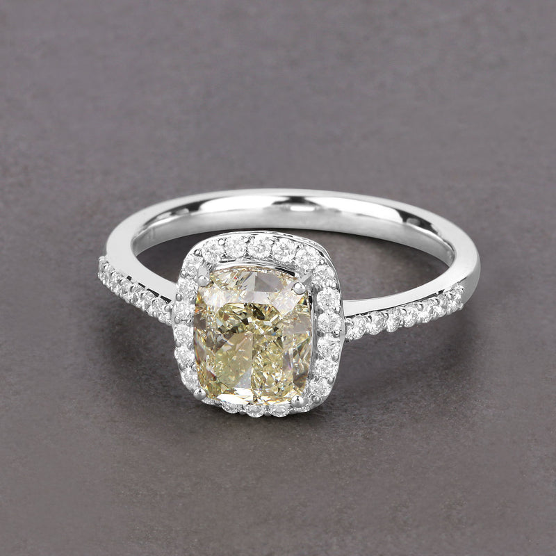 IGI Certified 2.05 Carat Genuine Light Yellow Diamond Center and 0.29cttw White Diamond 18K White Gold Ring (2.34cttw)