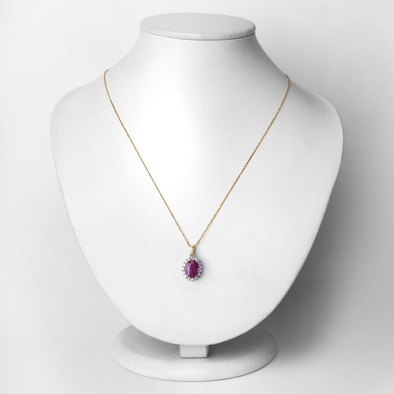 3.71 Carat Genuine Pink Sapphire and White Diamond 14K Yellow Gold Pendant