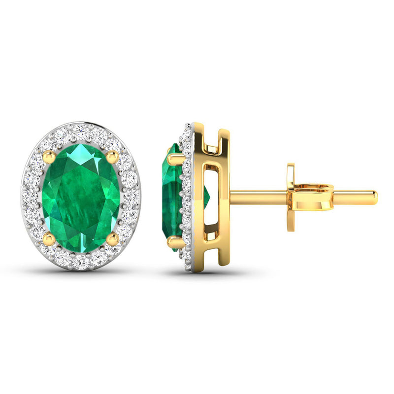 1.70 Carat Genuine Zambian Emerald and White Diamond 14K Yellow Gold Earrings