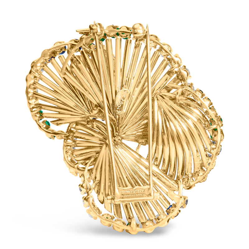 18K Yellow Gold 2 1/3 Cttw Diamond, Sapphire, and Emerald Sculpted Petal Brooch Pin (G-H Color, VS1-VS2 Clarity)