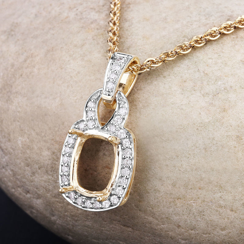 0.25 Carat Genuine White Diamond 14K Yellow Gold Semi Mount Pendant - holds 9x7mm Cushion Gemstone