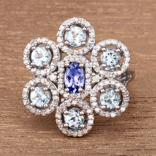 2.62 Carat Genuine Aquamarine, Tanzanite and White Diamond .925 Sterling Silver Ring