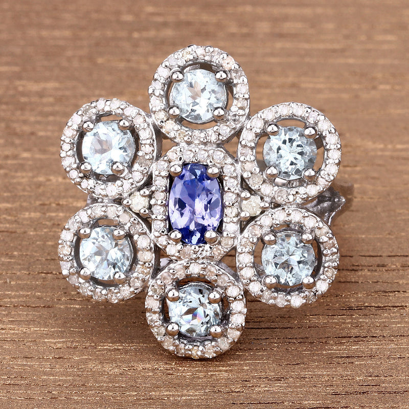 2.62 Carat Genuine Aquamarine, Tanzanite and White Diamond .925 Sterling Silver Ring