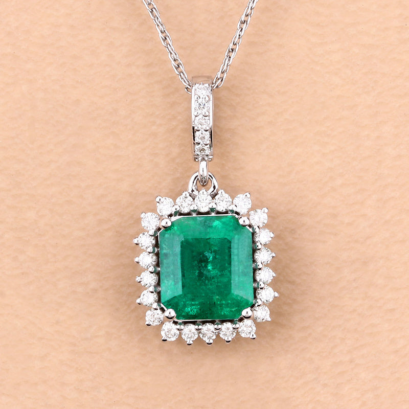 IGI Certified 2.06 Carat Genuine Zambian Emerald and White Diamond 14K White Gold Pendant