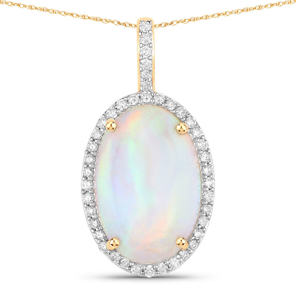 4.07 Carat Genuine Ethiopian Opal and White Diamond 14K Yellow Gold Pendant