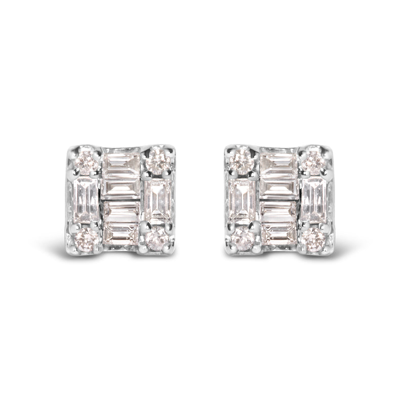 10K White Gold 1/7 Cttw Round and Baguette Diamond Mosaic Square Stud Earrings (H-I Color, I1-I2 Clarity)