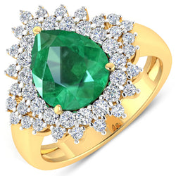 3.74 Carat Genuine Zambian Emerald and White Diamond 14K Yellow Gold Ring