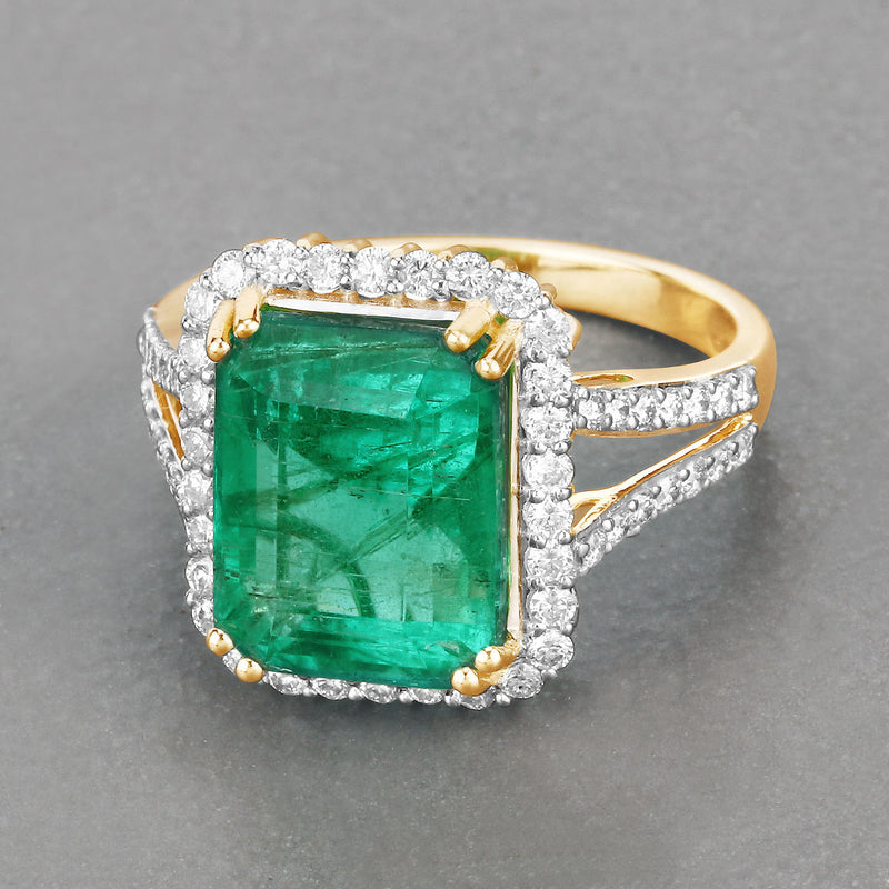 IGI Certified 6.96 Carat Genuine Zambian Emerald and White Diamond 14K Yellow Gold Ring