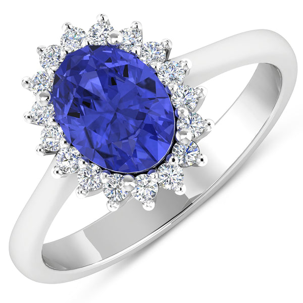 1.92 Carat Genuine Tanzanite and White Diamond 14K White Gold Ring