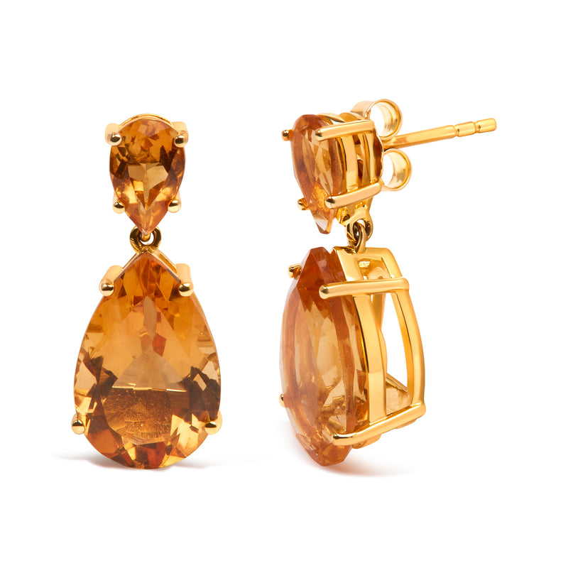 10K Yellow Gold Plated .925 Sterling Silver 12 1/3 Cttw Pear Shaped Orange Citrine Dangle Double Drop Stud Earring