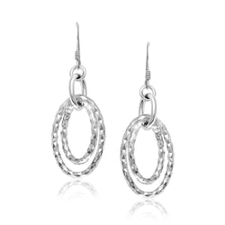 Sterling Silver Textured Dual Open Oval Style Dangling Earrings